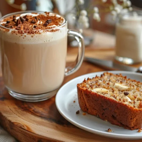 A cozy banana bread latte topped with fluffy cold foam and caramelized banana pieces, made with espresso, oat milk, honey, and cinnamon.