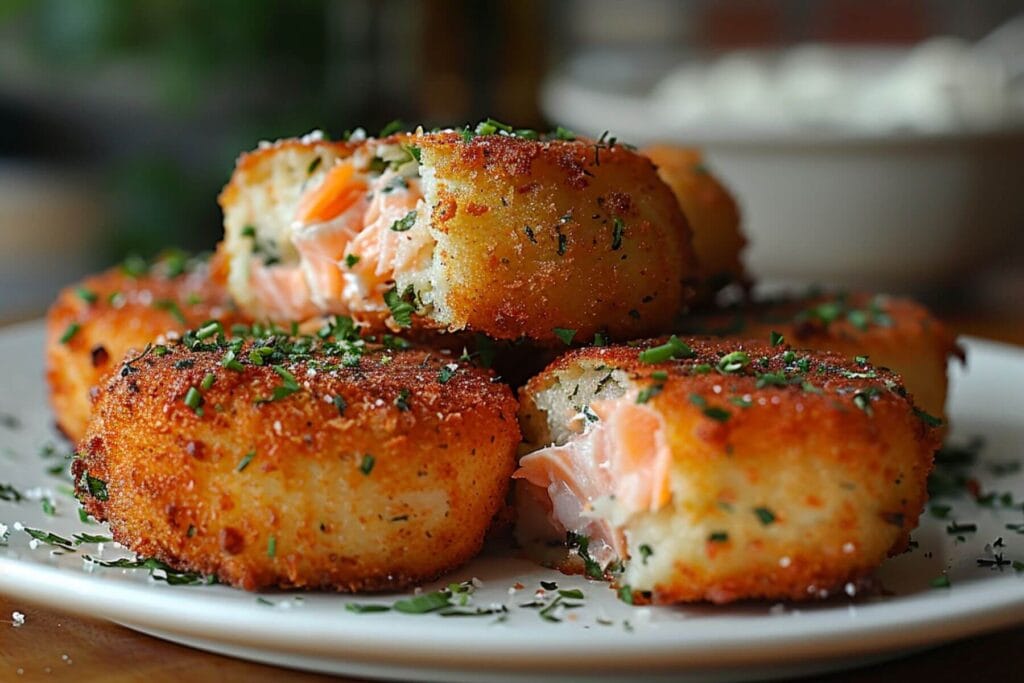 How to Cook Salmon Croquettes (Crispy, Golden & Flavor-Packed) 4 Close-up of golden salmon croquette showing flaky salmon and herbs inside.