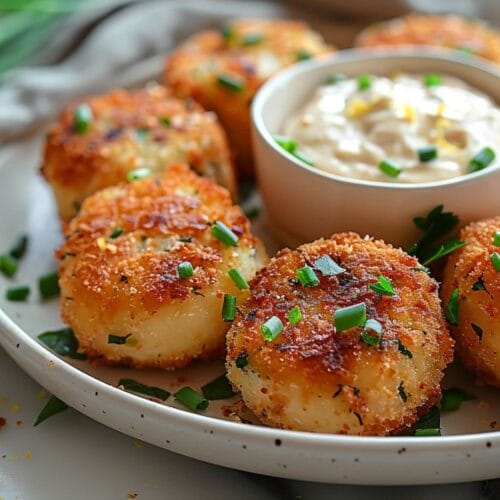 Crispy golden Salmon Croquettes Recipe on white plate, garnished with lemon and parsley.