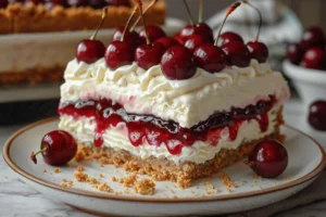 The Best Cherry Yum Yum No-Bake Dessert You’ll Ever Make 8 Cherry Yum Yum No-Bake Dessert with graham cracker crust, creamy cheesecake layer, and cherry topping in a glass dish