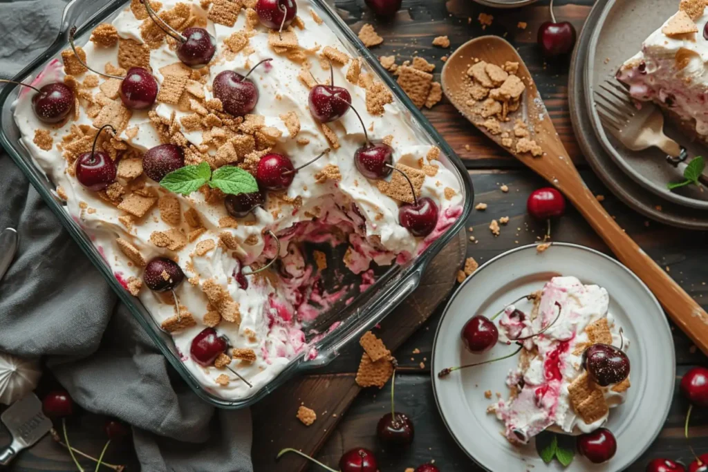 The Best Cherry Yum Yum No-Bake Dessert You’ll Ever Make 7 Serving of Cherry Yum Yum No-Bake Dessert with crust, cream, and cherry topping on a white plate
