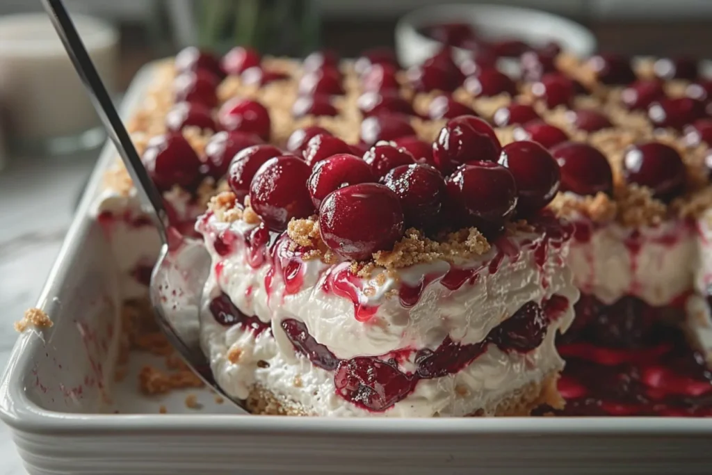 The Best Cherry Yum Yum No-Bake Dessert You’ll Ever Make 9 Overhead view of Cherry Yum Yum No-Bake Dessert with bright red cherry topping