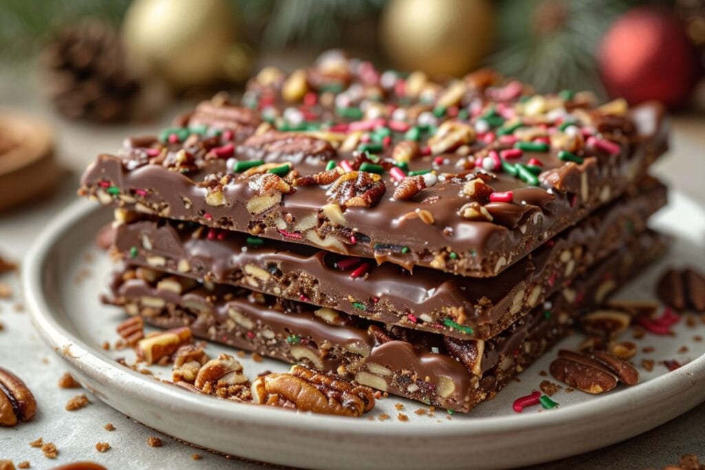 Christmas Crack Recipe (Easy Saltine Toffee Bark for the Holidays) 6 Side view of Christmas Crack recipe bark stacked on white plate with sprinkles.