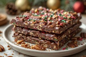 Christmas Crack Recipe (Easy Saltine Toffee Bark for the Holidays) 5 Side view of Christmas Crack recipe bark stacked on white plate with sprinkles.