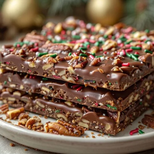 Side view of Christmas Crack recipe bark stacked on white plate with sprinkles.