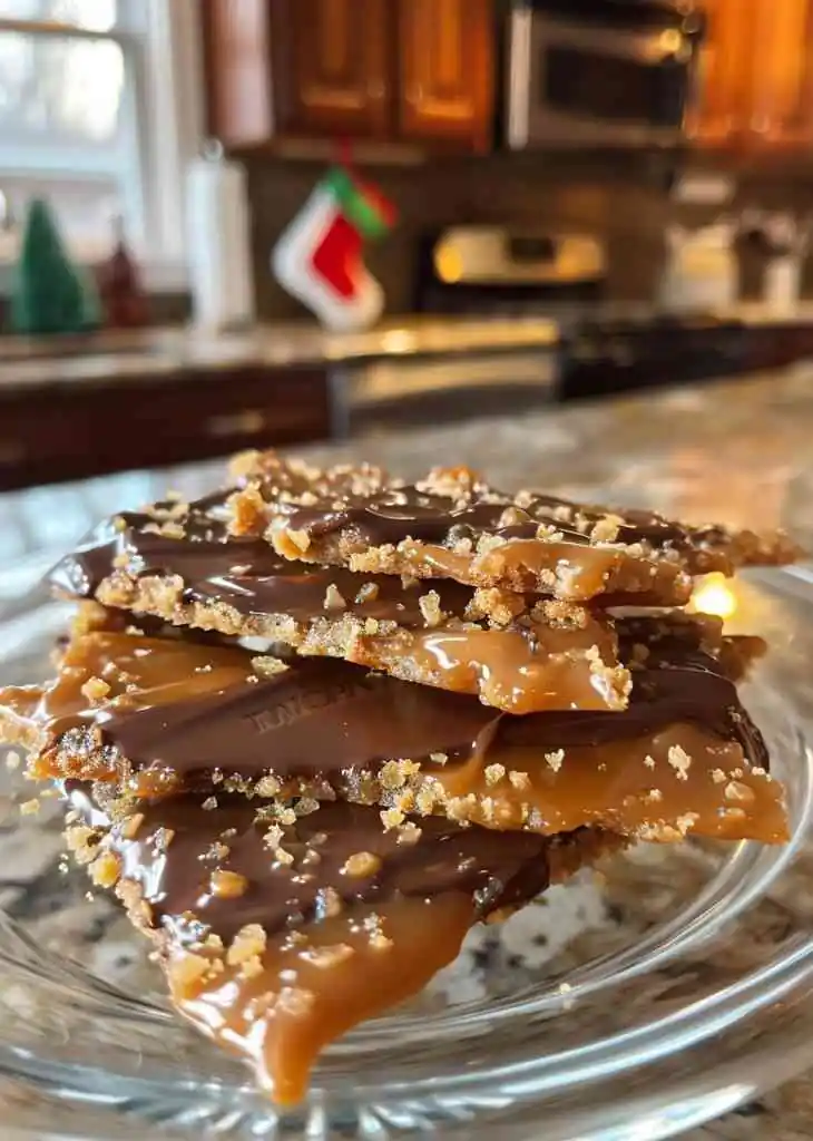 Christmas Crack Recipe (Easy Saltine Toffee Bark for the Holidays) 3 christmas crack recipe chocolate caramel toffee bark closeup.webp