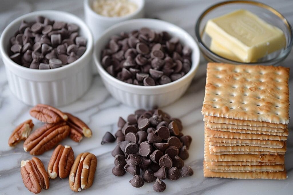 Christmas Crack Recipe (Easy Saltine Toffee Bark for the Holidays) 4 Saltine crackers, butter, sugar, chocolate chips, and pecans on counter.