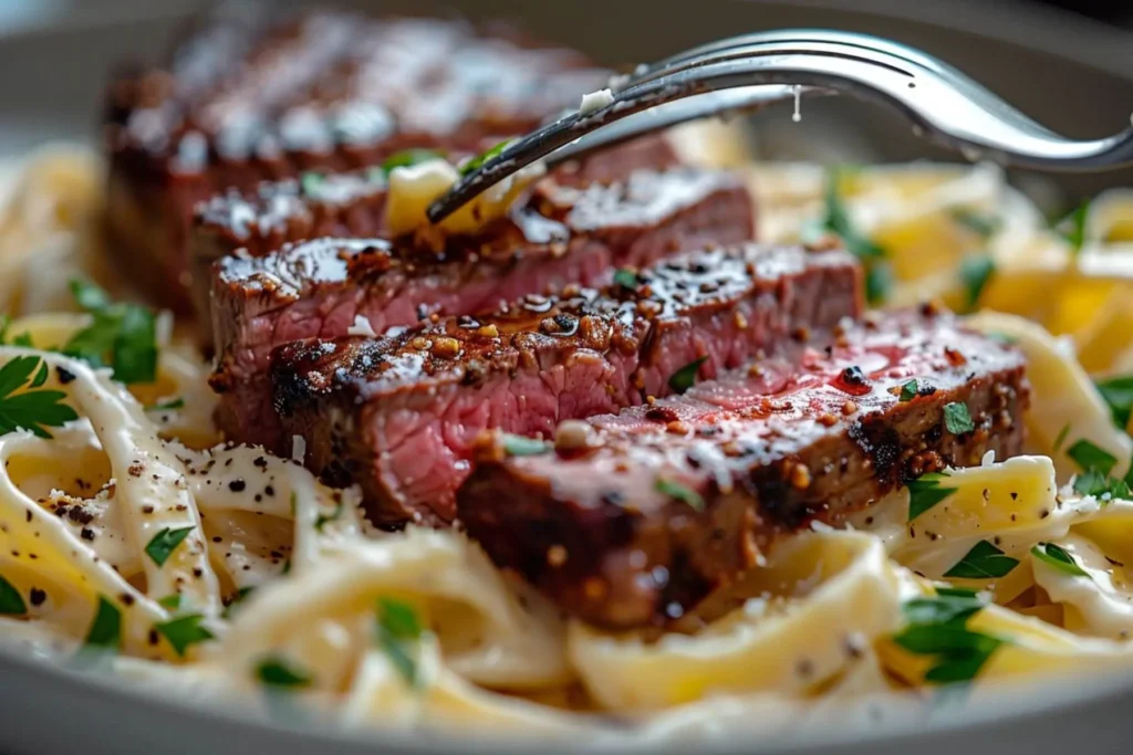 Steak Gorgonzola Alfredo (Olive Garden Copycat) – Best Creamy Pasta Recipe 8 Medium-rare sirloin steak on rich Gorgonzola Alfredo pasta topped with fresh herbs