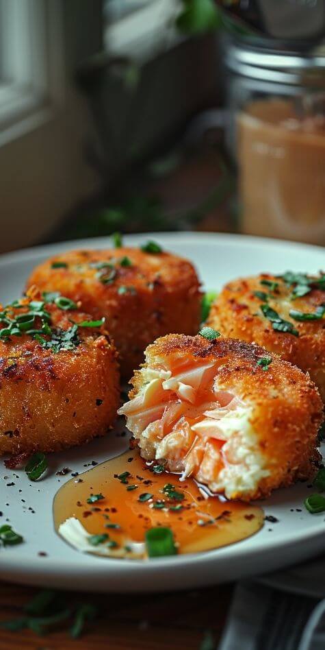 How to Cook Salmon Croquettes (Crispy, Golden & Flavor-Packed) 8 Messy counter shot with cut salmon croquette, crumbs, and dipping sauce.