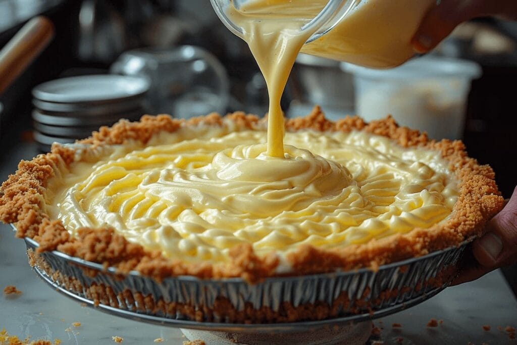 No-Bake Lemon Icebox Pie – Easy, Refreshing, and Foolproof 6 pouring lemon filling into graham cracker crust for no-bake pie
