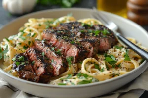 Steak Gorgonzola Alfredo (Olive Garden Copycat) – Best Creamy Pasta Recipe 7 Juicy sirloin steak slices over creamy Gorgonzola Alfredo fettuccine pasta with fresh parsley garnish