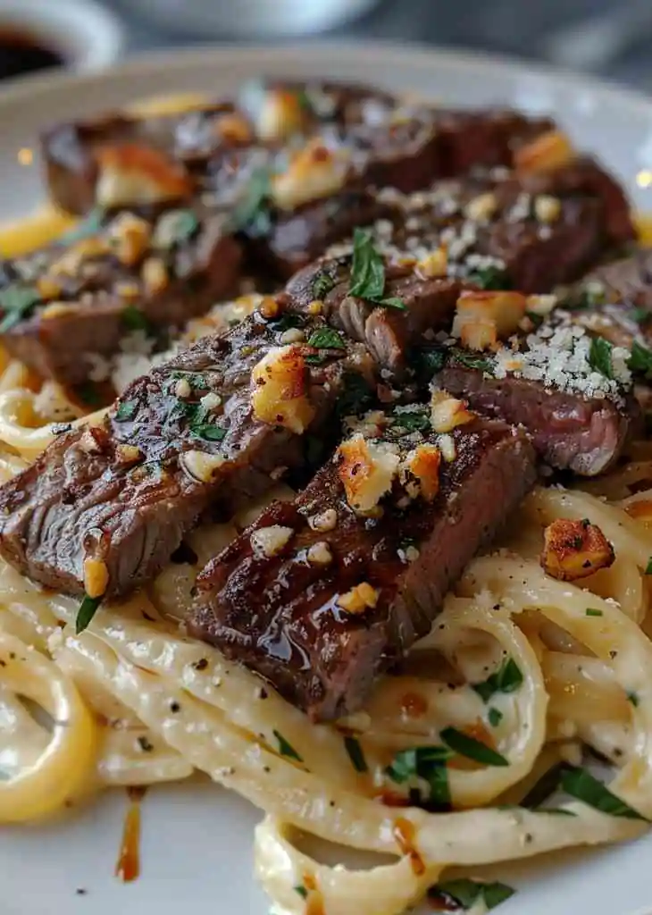 Olive Garden Steak Gorgonzola Alfredo Copycat (Creamy) 3 Steak Gorgonzola Alfredo made with tender filet mignon slices served over creamy fettuccine, topped with gorgonzola, sun-dried tomatoes, herbs, and a drizzle of balsamic vinegar.