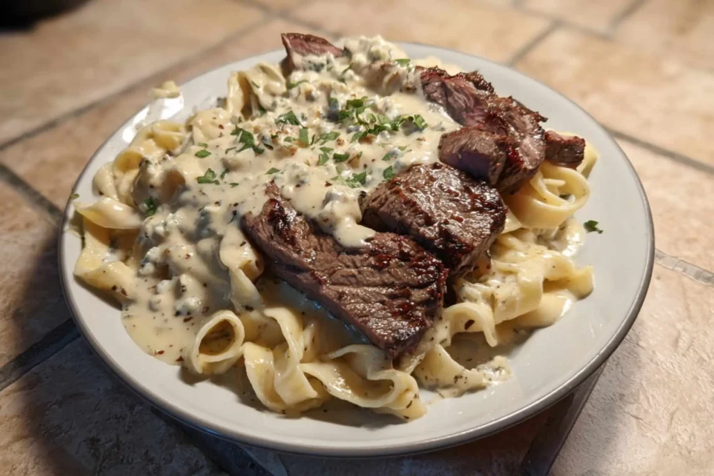 Olive Garden Steak Gorgonzola Alfredo Copycat You Can Make at Home 3 Steak gorgonzola alfredo with sliced steak and creamy pasta in bowl