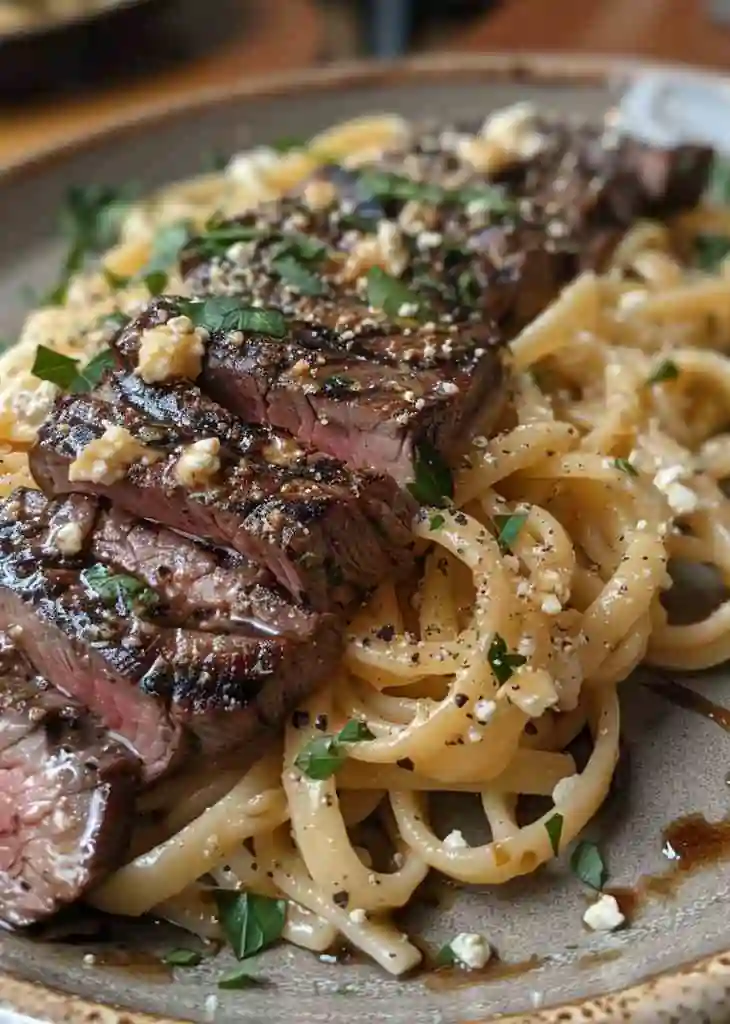 Olive Garden Steak Gorgonzola Alfredo Copycat (Creamy) 5 Steak Gorgonzola Alfredo featuring tender sliced steak served over creamy Alfredo pasta, topped with gorgonzola cheese, herbs, and a balsamic drizzle — an Olive Garden-style steak gorgonzola recipe.