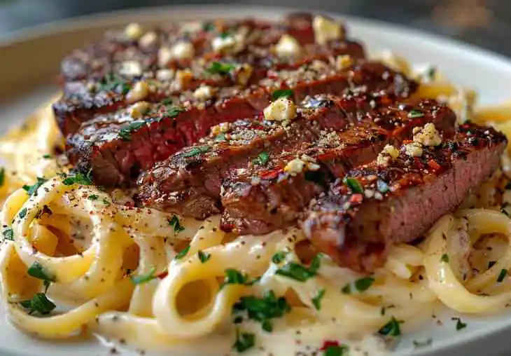 Olive Garden Steak Gorgonzola Alfredo Copycat (Creamy) 4 Steak Gorgonzola Alfredo topped with tender steak medallions, creamy Alfredo pasta, gorgonzola crumbles, sun-dried tomatoes, fresh spinach, and a drizzle of balsamic glaze.