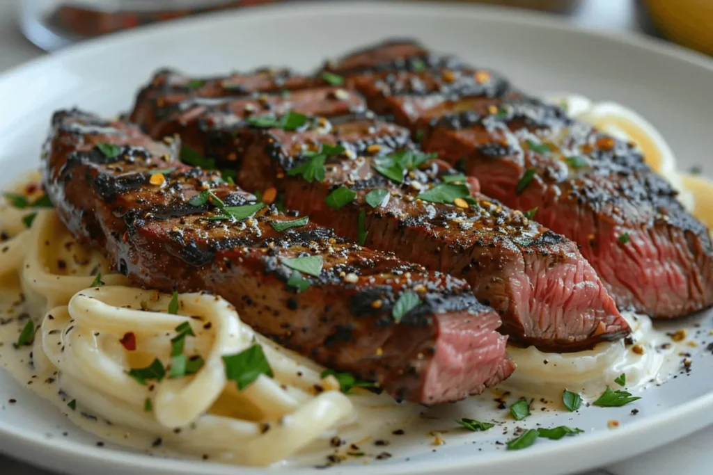 Steak Gorgonzola Alfredo (Olive Garden Copycat) – Best Creamy Pasta Recipe 6 Medium-rare sirloin steak on rich Gorgonzola Alfredo pasta topped with fresh herbs