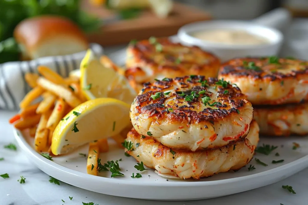 Crab Cake Recipe – Crispy, Flavorful Easy to Make 9 Crab cakes served with salad, fries, coleslaw, and slider buns.