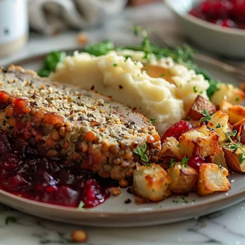 Vegan Thanksgiving Recipes with lentil roast, mashed potatoes, and gravy on a holiday table