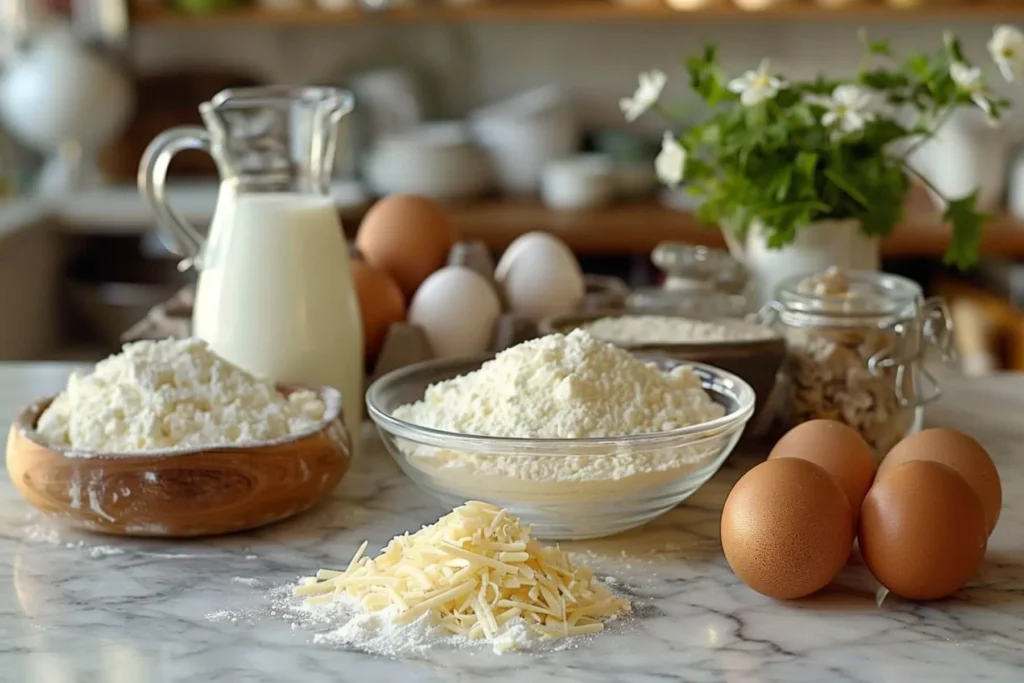 Cheesy Brazilian Cheese Bread (Pão de Queijo) You’ll Crave! 5 Main ingredients for Brazilian cheese bread arranged simply.