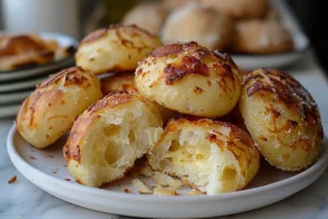 Cheesy Brazilian Cheese Bread (Pão de Queijo) You’ll Crave! 6 Freshly baked Brazilian Cheese Bread (Pão de Queijo) on plain white plate.