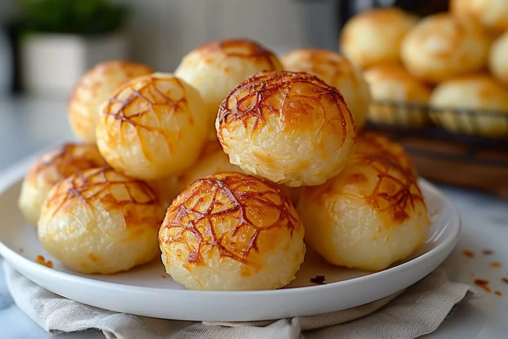 Cheesy Brazilian Cheese Bread (Pão de Queijo) You’ll Crave! 7 Side angle of pão de queijo stacked on white plate.