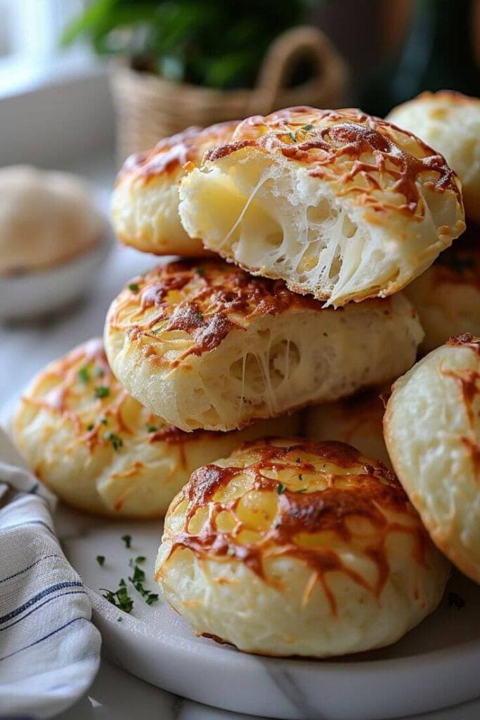 Cheesy Brazilian Cheese Bread (Pão de Queijo) You’ll Crave! 8 Torn pão de queijo with crumbs on messy marble counter.