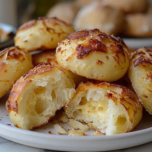 Freshly baked Brazilian Cheese Bread (Pão de Queijo) on plain white plate.