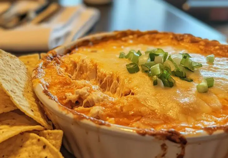 Freshly baked Buffalo Chicken Dip topped with melted cheese and green onions, served with tortilla chips