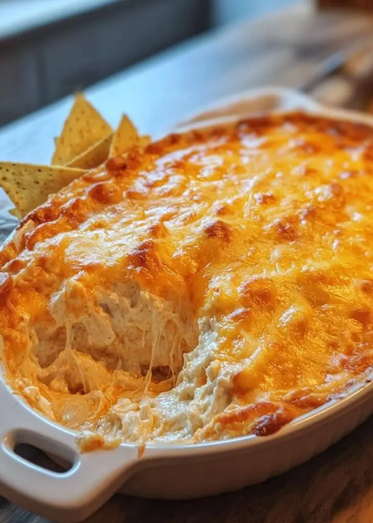 Hot Buffalo Chicken Dip baked with golden melted cheese and served with tortilla chips
