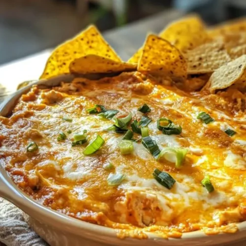 Creamy baked Buffalo Chicken Dip topped with melted cheese and green onions