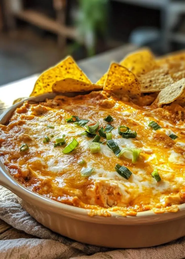Creamy baked Buffalo Chicken Dip topped with melted cheese and green onions