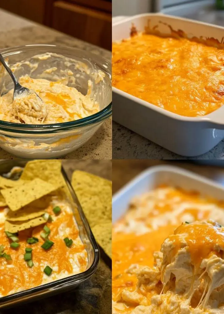 Step-by-step Buffalo Chicken Dip collage showing mixing, baking, topping with cheese, and serving with tortilla chips