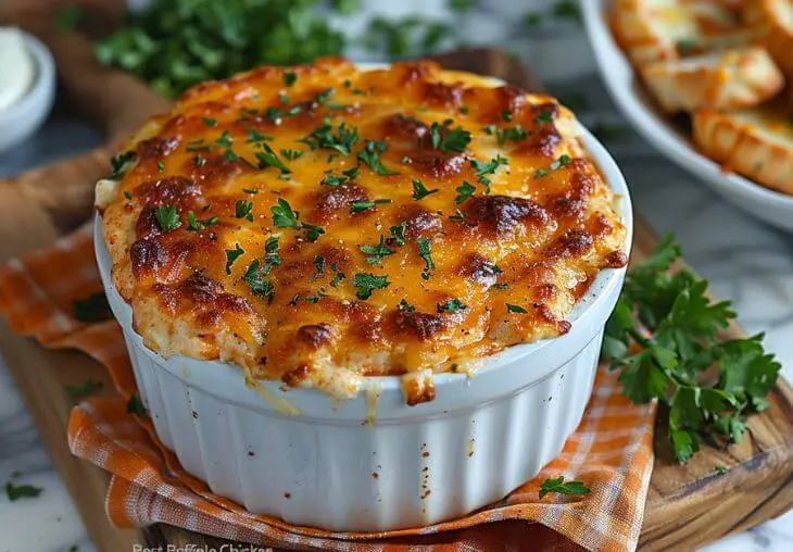 Baked Buffalo Chicken Dip with golden melted cheese and parsley garnish in a white ramekin