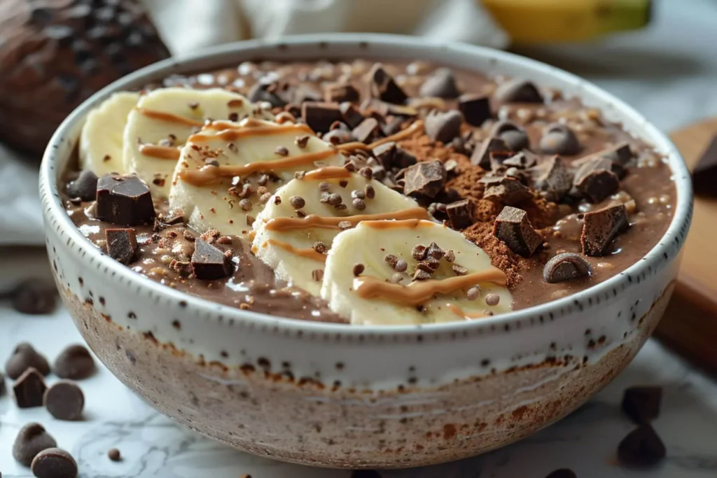Protein Overnight Oats 5-Min Prep, 28g Protein, Healthy & Simple 6 Side angle of chocolate overnight oats topped with banana slices.