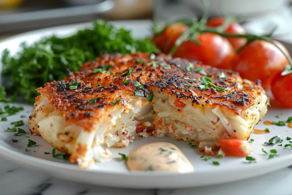 Crab Cake Recipe – Crispy, Flavorful Easy to Make 4 Close-up of sliced crab cake showing flaky crab meat.