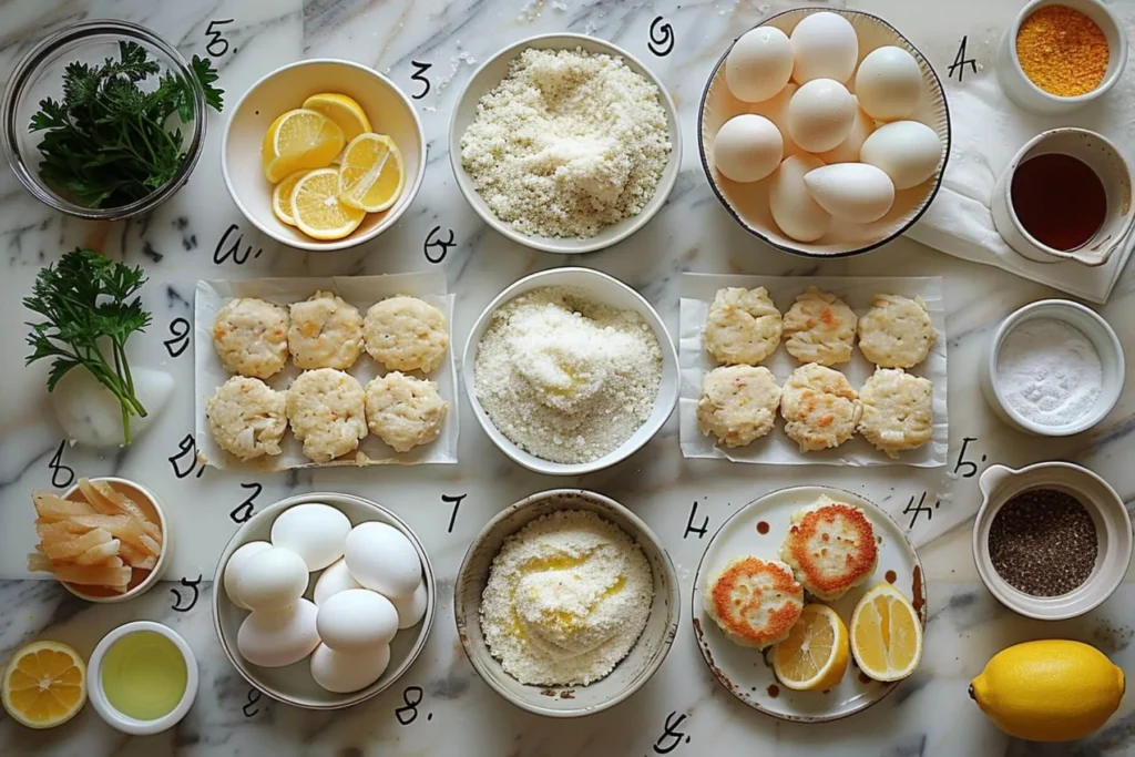 Crab Cake Recipe – Crispy, Flavorful Easy to Make 6 Eight-panel overhead photos making crab cakes from mix to frying and serving.