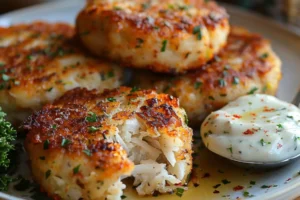 Crab Cake Recipe – Crispy, Flavorful Easy to Make 8 Golden Crab Cake Recipe on a white plate with tartar sauce di