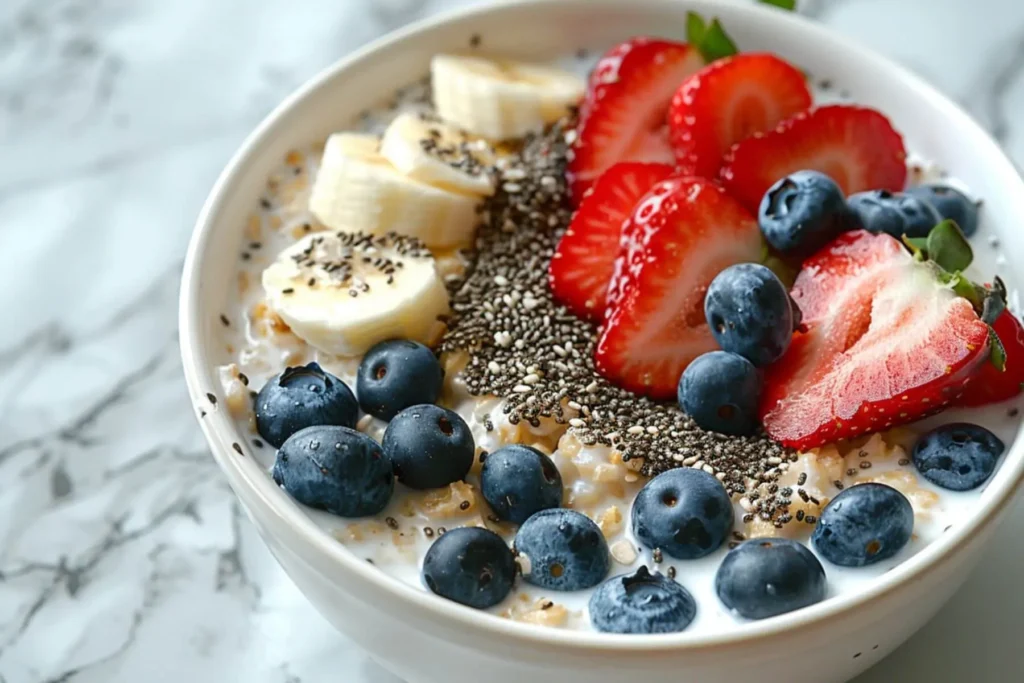 Protein Overnight Oats 5-Min Prep, 28g Protein, Healthy & Simple 3 Close-up shot of protein overnight oats with strawberries and chia seeds.