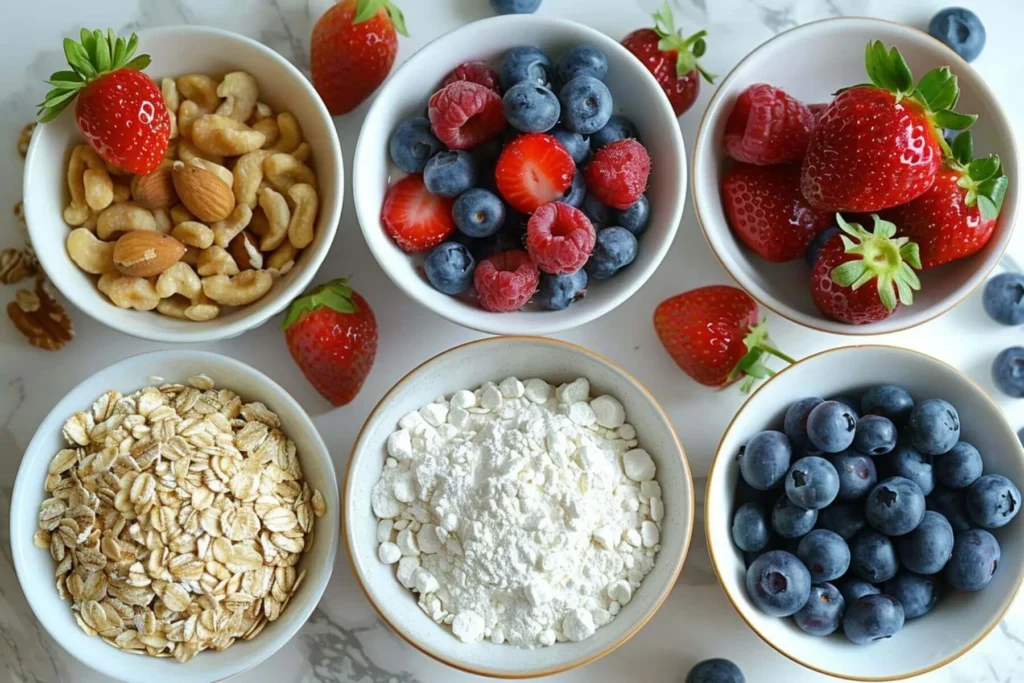 Protein Overnight Oats 5-Min Prep, 28g Protein, Healthy & Simple 4 Protein oats ingredients neatly arranged on marble kitchen counter.