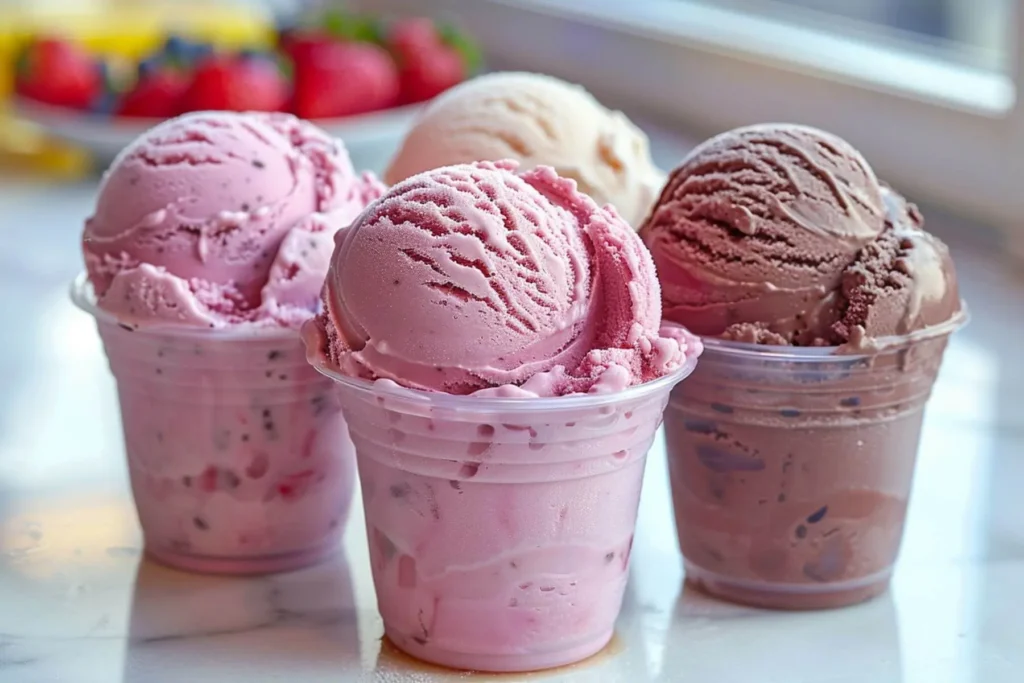 Ninja Creami ice cream recipes with strawberry, vanilla, and chocolate flavors served in clear plastic cups on a marble table