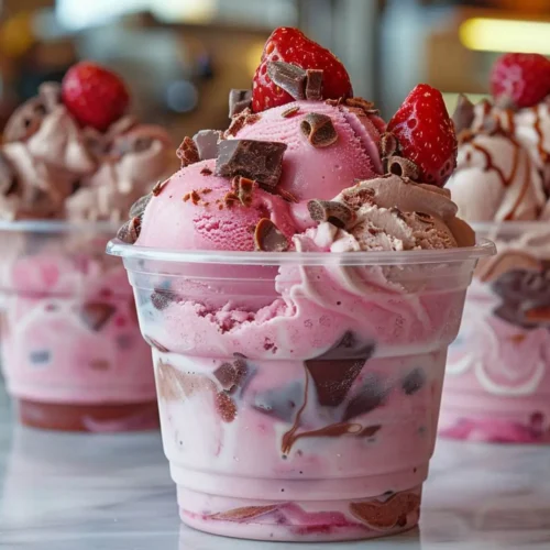 Homemade Ninja Creami strawberry and chocolate swirl ice cream in plastic cups topped with fresh strawberries and chocolate shavings