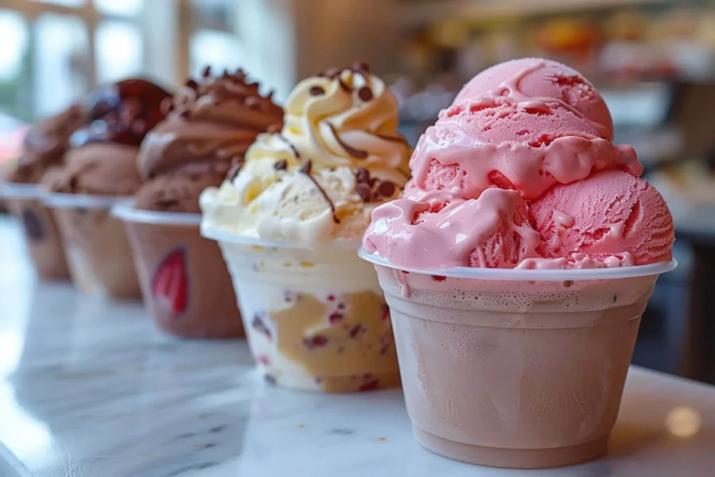 Ninja Creami ice cream recipes in multiple flavors including strawberry, vanilla with chocolate chips, and chocolate, served in plastic cups