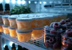 Frozen Ninja Creami pint containers in the freezer, step 3 of preparing homemade Ninja Creami ice cream recipes.