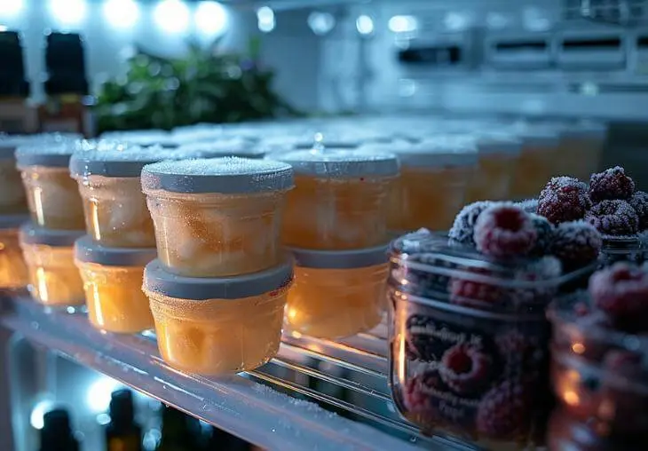 Frozen Ninja Creami pint containers in the freezer, step 3 of preparing homemade Ninja Creami ice cream recipes.