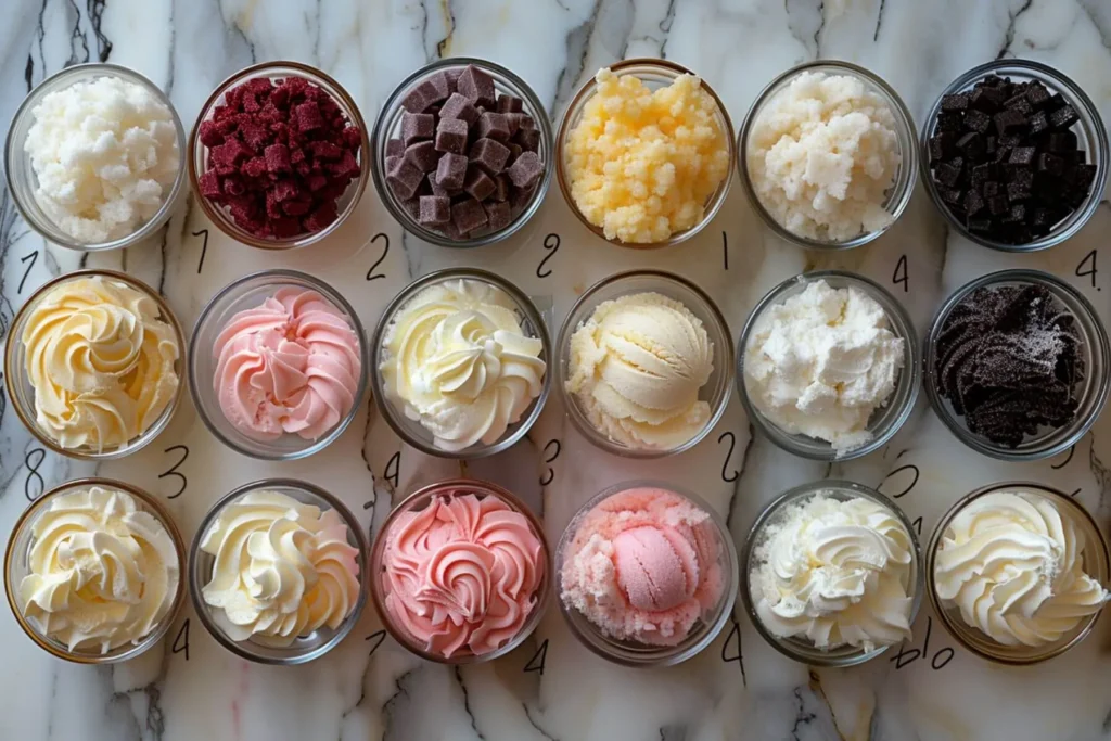 Different Ninja Creami ice cream recipes with colorful ingredients and mix-ins like chocolate chunks, fruit, and whipped cream in glass bowls