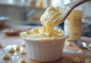 Close-up of creamy ice cream mixture being stirred in a white bowl for Ninja Creami ice cream recipes.
