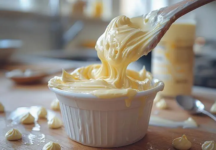 Close-up of creamy ice cream mixture being stirred in a white bowl for Ninja Creami ice cream recipes.