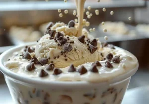 Ninja Creami ice cream topped with chocolate chips and mix-ins being added, step 5 of homemade Ninja Creami ice cream recipes.