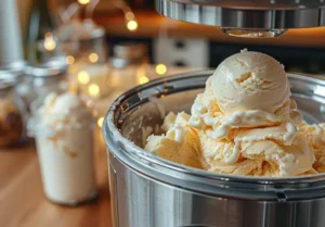 Ninja Creami machine churning frozen pint into creamy vanilla ice cream, step 4 of homemade Ninja Creami ice cream recipes.