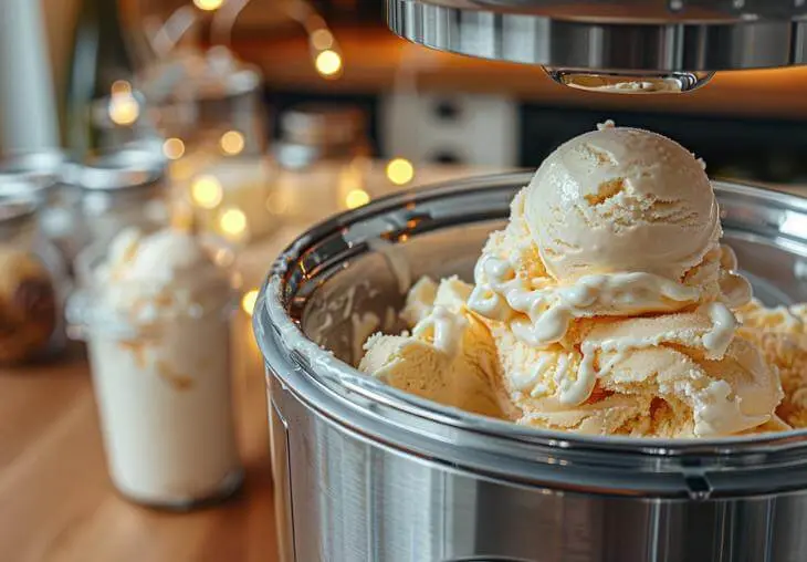 Ninja Creami machine churning frozen pint into creamy vanilla ice cream, step 4 of homemade Ninja Creami ice cream recipes.